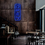 blue open' neon sign for bars