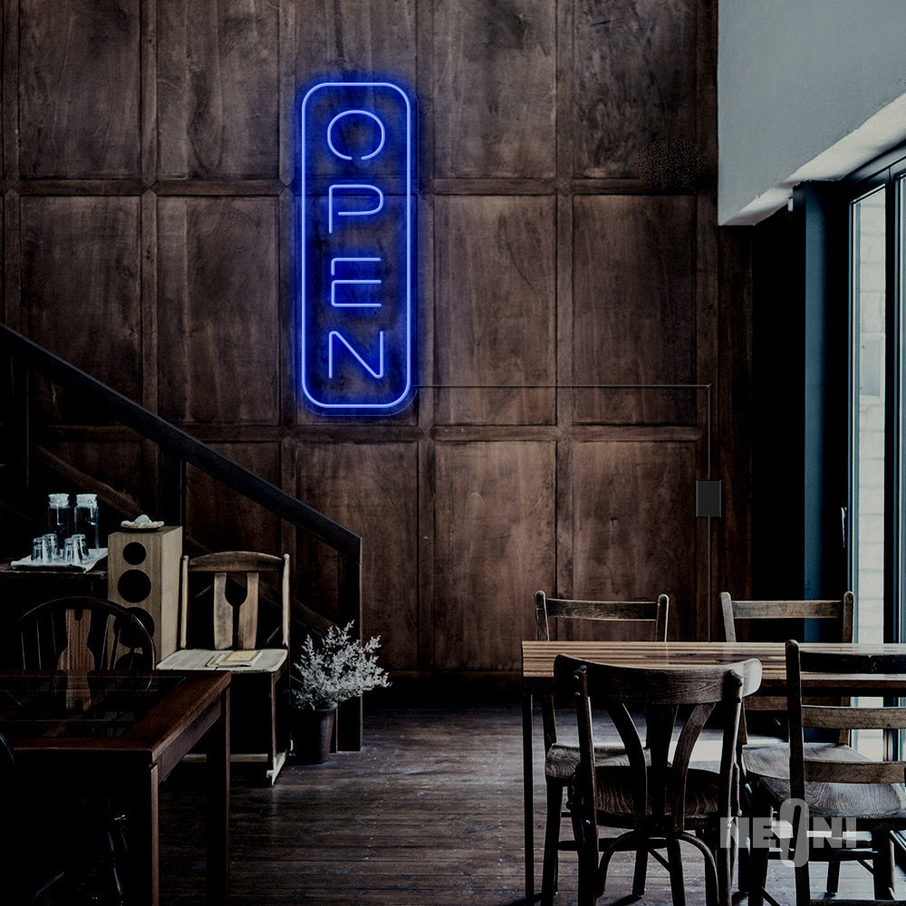 blue 'open' neon sign for bars