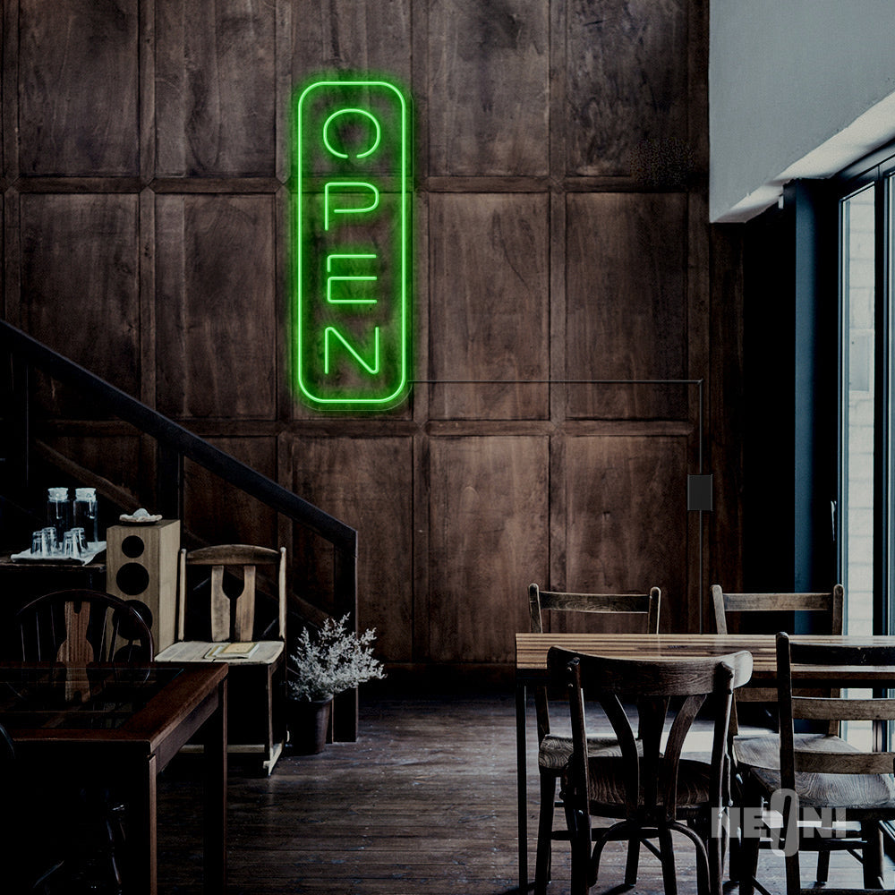 green bar 'open' neon sign