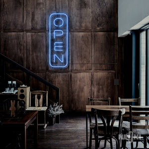 blue bar 'open' neon sign